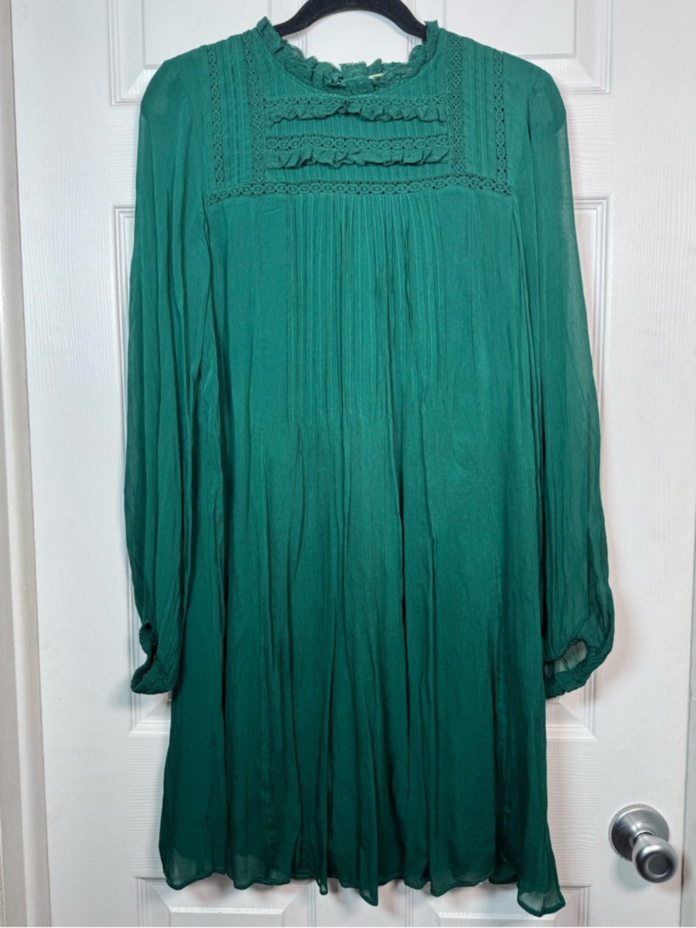 Boden Emerald Green Lace Pintuck Ruffle Long Sleeve Mini Dress Size 8